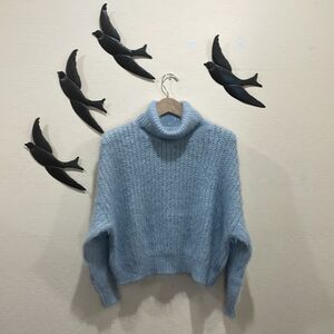 Cache Cache France Baby Blue Cropped Eyelash Knit Turtleneck Sweater - USA - M